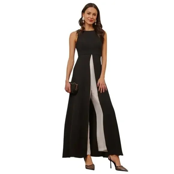 Adrianna Papell | Pants & Jumpsuits | Adrianna Papell Walk Thru Jumpsuit  Gown Womens 4p Black Formal Wedding Party | Poshmark